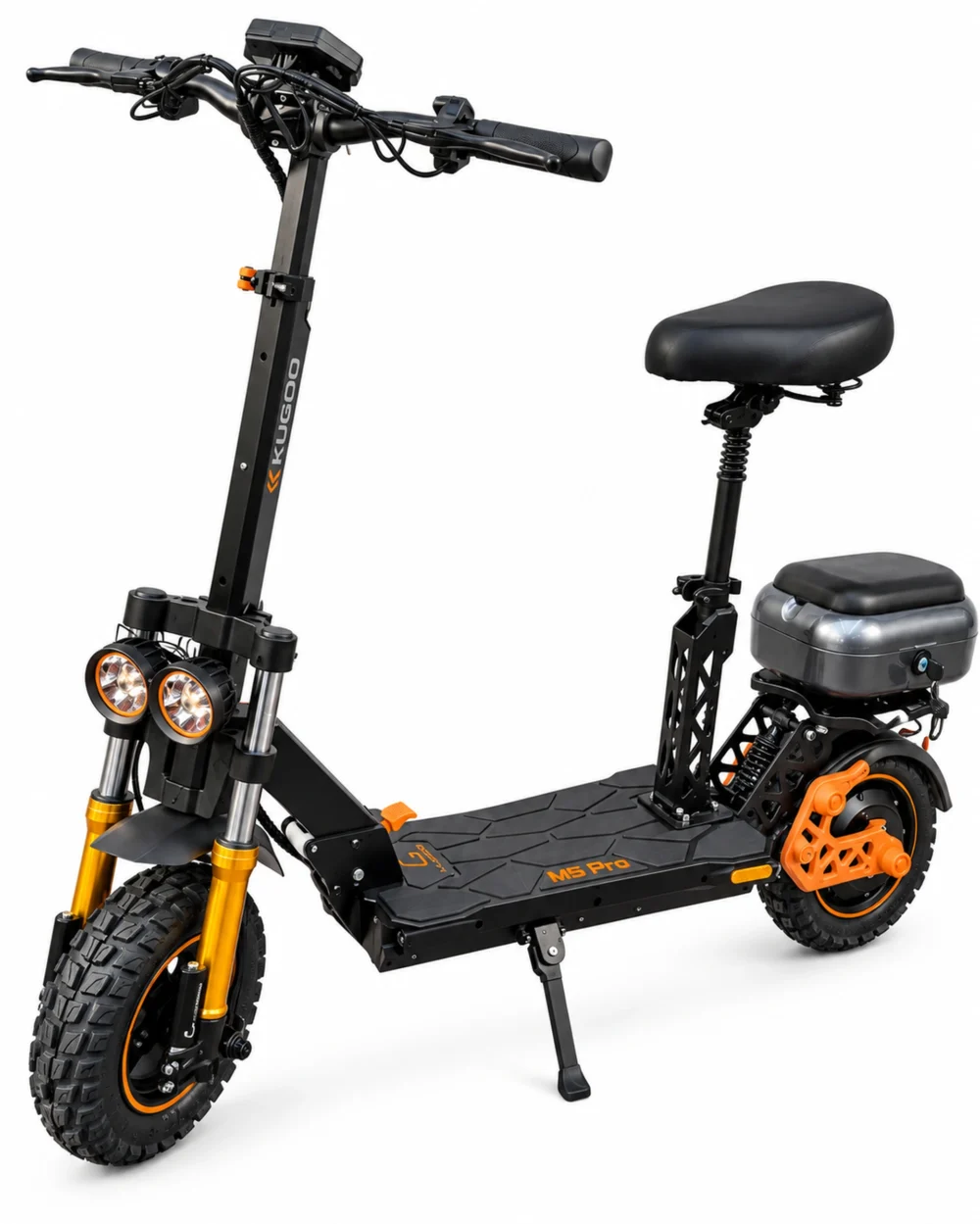Kugoo M5 Pro electric scooter with seat and storage box mounted above the rear tyre