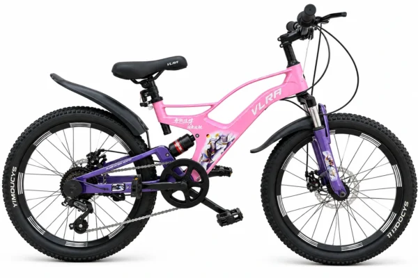 VLRA 20 inch kids full-suspension mountain bike in pink and purple
