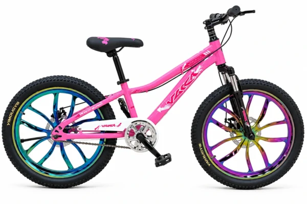 VLRA 22 inch kids bicycle in pink with rainbow mag wheels
